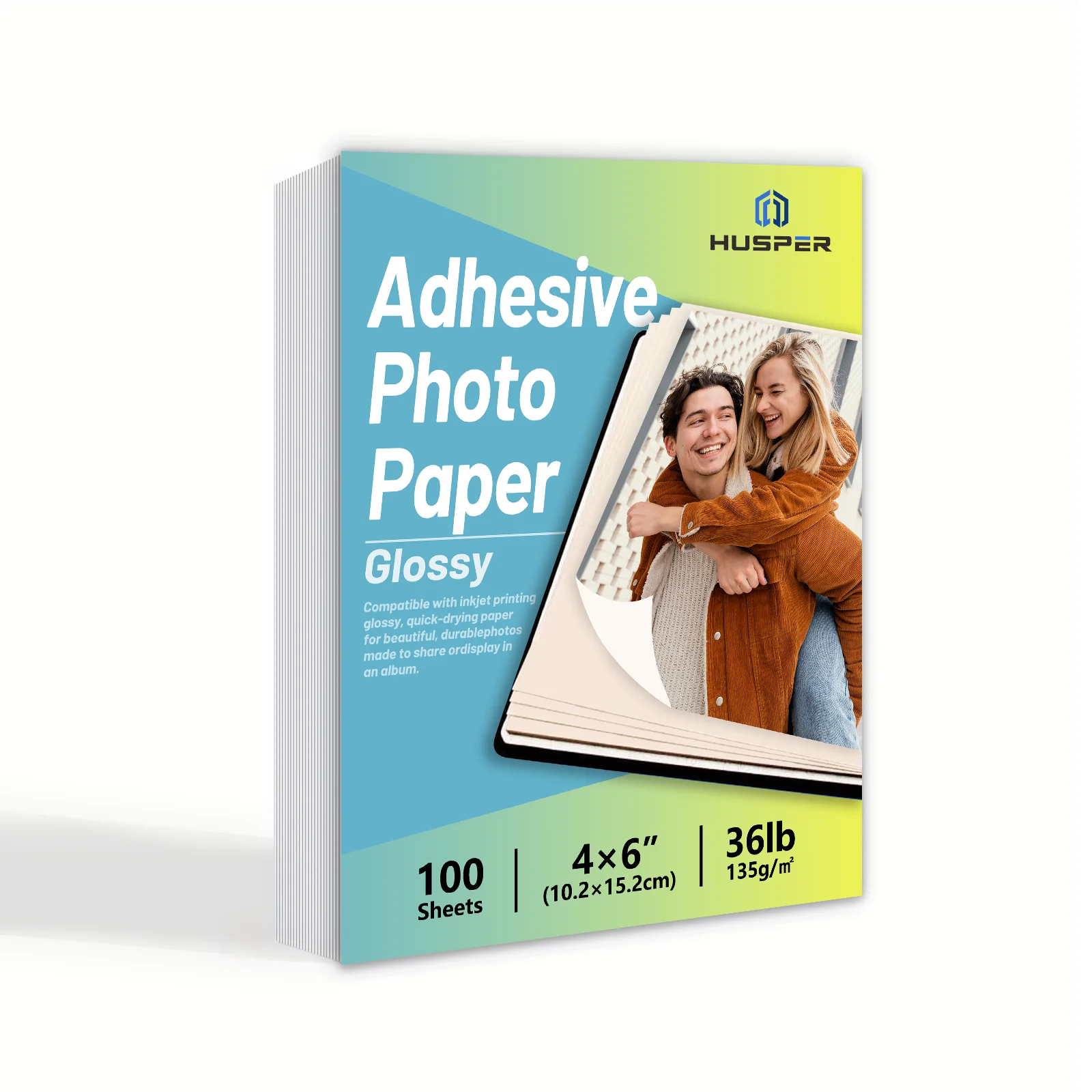 HUSPER 4R glänzendes selbstklebendes Fotopapier, 100 Blatt, 135 g/m2, 10,2 x 15,2 cm, 36 lb Inkjet-Aufkleberpapier zum Drucken Image