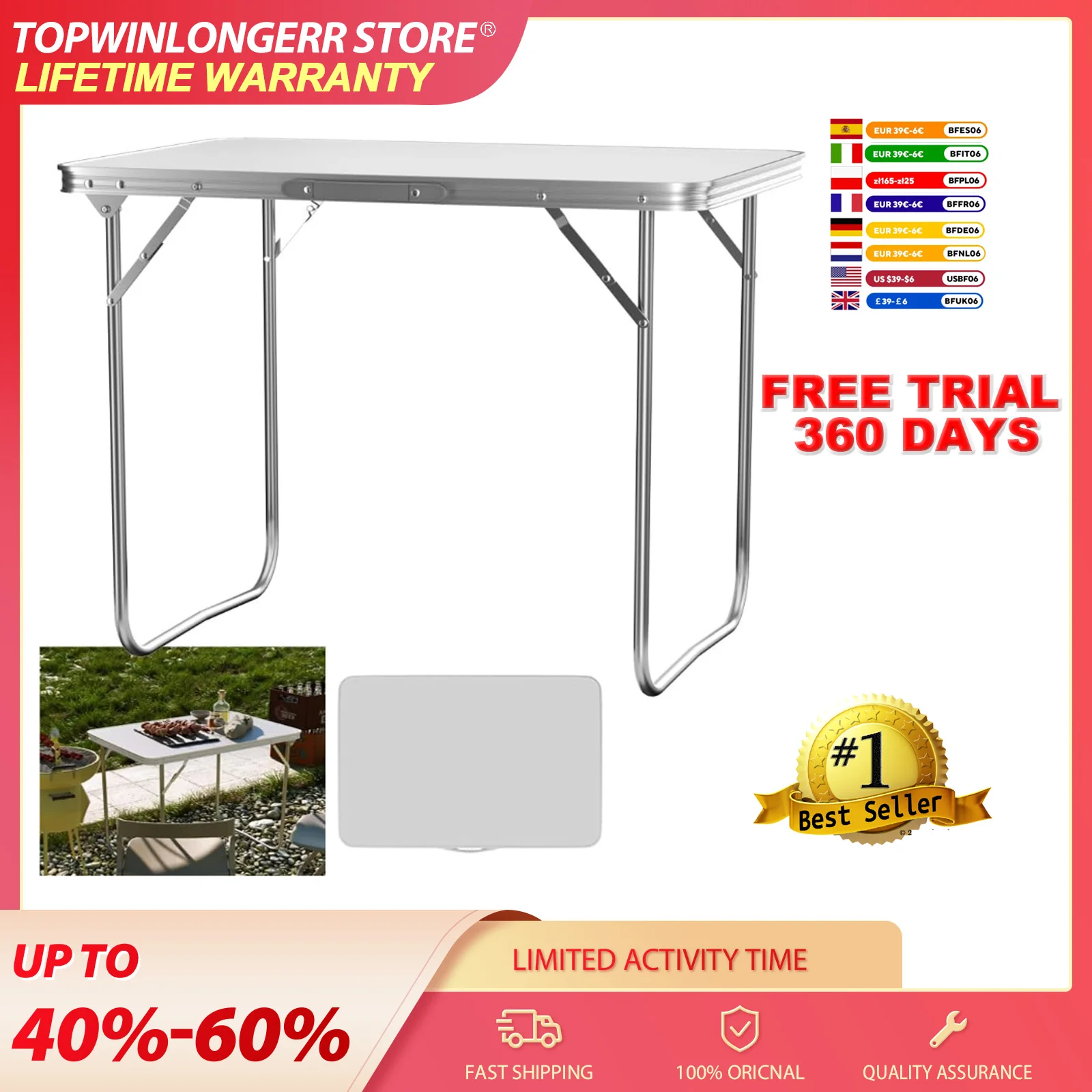 Klapptisch, tragbarer, leichter Campingtisch, extra stabiler Trestle-Tisch für drinnen und draußen, mit Tragegriff, zusammenklappbarer Tisch, Aluminium-Klapptisch für Hochzeit, Gartenparty, Picknick, Grillen