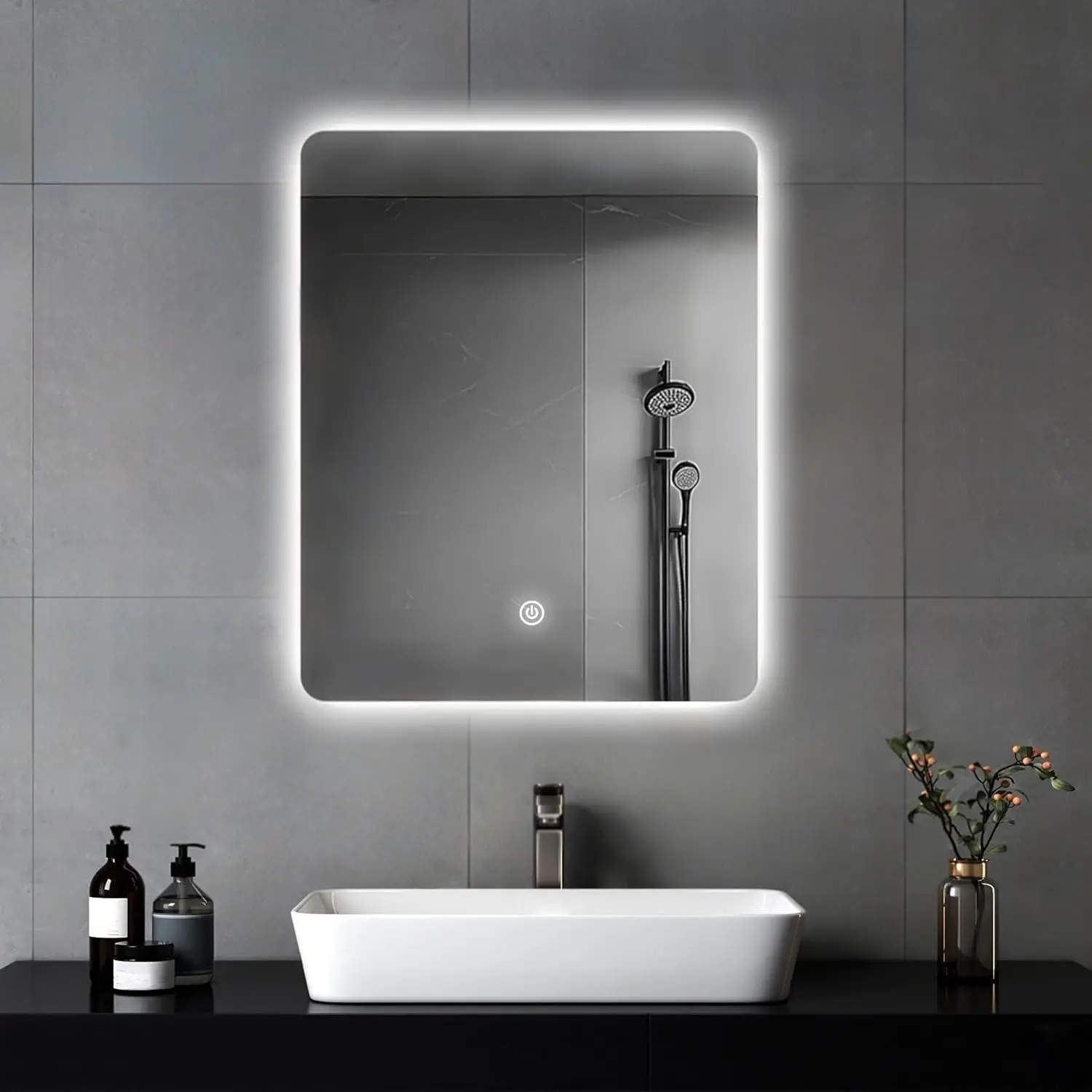 45 x 60 cm großer Badezimmer-Wandspiegel, Badezimmerspiegel mit Beleuchtung, Spiegel mit LED-Licht, Touch-Schalter und 3 Farben dimmbar
