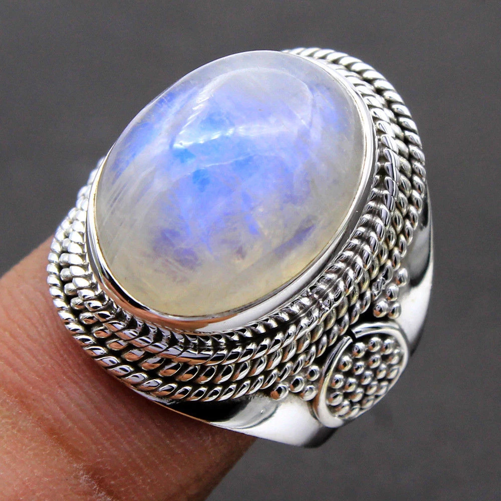 Natürlicher Mondstein-Ring für Damen, 925er Silber, Schmuck, Retro-Party-Ring, 10 x 14 mm, großer Ellipsen-Edelstein, Geschenk im Großhandel Image