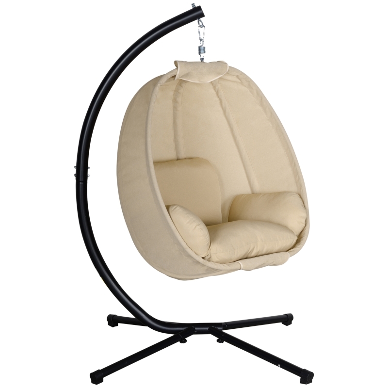 MODFU Hängesessel 125x95x170 cm Khaki mit weichem Kissen, eiförmiger Schaukelsitz, klappbar, Metallgestell mit Kette, für innen und außen Image
