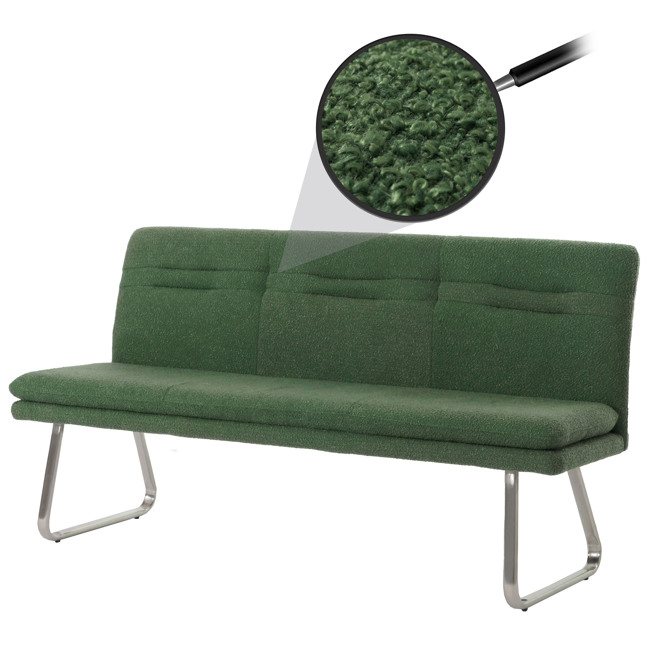 Sitzbank HWC-H70, Esszimmerbank Bank Polsterbank, Lehne Stoff/Textil Bouclé Edelstahl gebürstet 180cm ~ grün