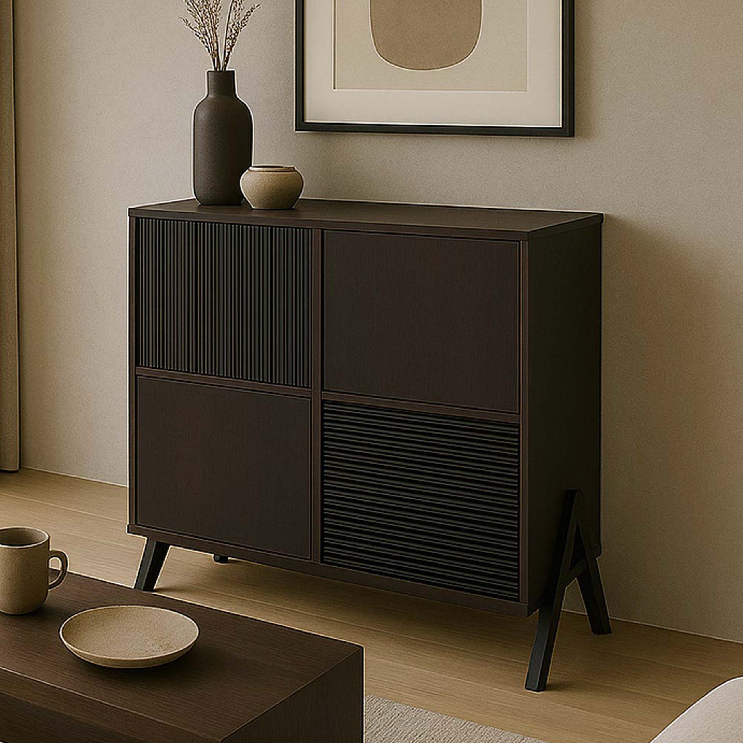 Kommode HWC-O40, Schrank Sideboard Highboard mit Türen Staufächer, MDF Metall Melamin 94x79x40cm ~ Walnuss-Optik