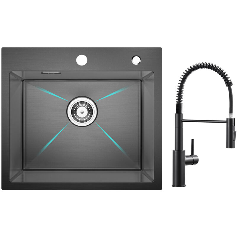Cecipa - Lavello Inox Nero Lavello 1 Vasca 50×45 Cm Lavello Cucina + Miscelatore Cucina Spring Con Doccetta Estraibile, Rubinetto Lavello 2 Modalità Uscita Acqua, Nero