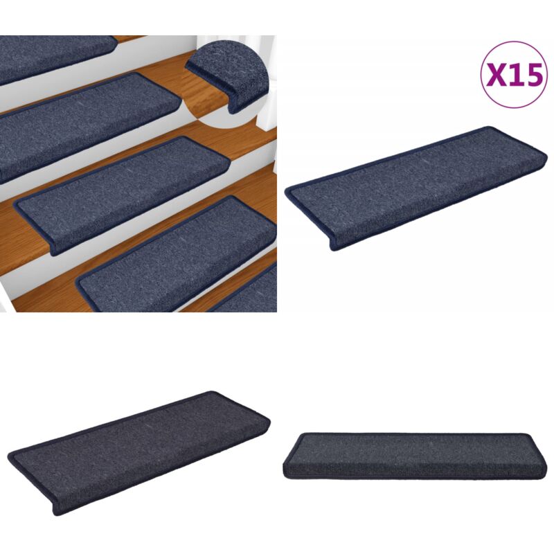 Tappetini Per Scale 15 Pz 65x21x4 Cm Grigio Scuro E Blu Con Bordo Rettangolare - Tappetini Antiscivolo - Tappetini Per Scale Grigio E Blu