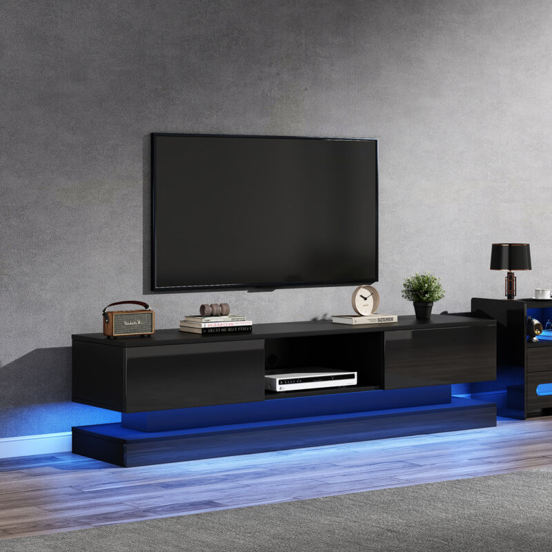 Okwish - Mobile Tv Nero Lucido 160 X 35 X 40,5 Cm Con Illuminazione Led 2 Cassetti Controllo App Design Anti-inclinazione Adatto Per Tv Da 60 Pollici Mobile Tv Mobile Tv Basso