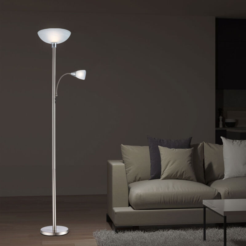 Globo Lighting - Lampada Da Terra Lampada Da Terra Lampada Da Terra Luce Laterale Proiettore Da Soffitto Lampada Da Soggiorno, Spot Mobile, Metallo Vetro Cromo Nichel Opaco, Flexo, 1x E14, 1x E27, H 178 Cm