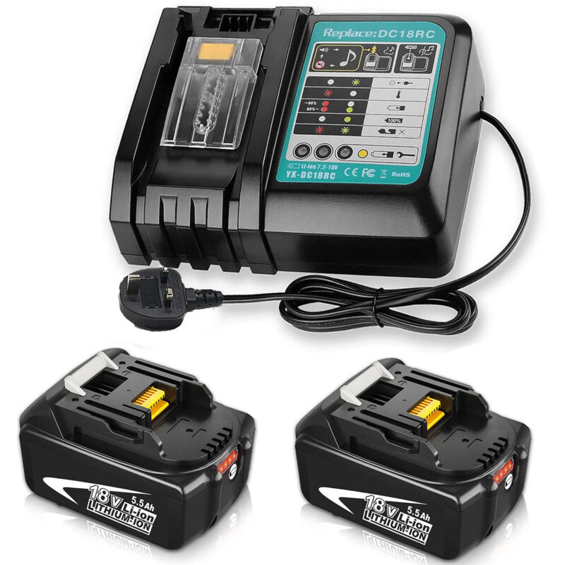 Teetok - Caricabatterie, 2 Batterie 5,5 Ah Li-ion + 1 Caricabatterie Rapido Dc18rc 14,4 V-18 V Con Protezione Di Sicurezza, Spia Led E Promemoria Musicale, Compatibile Con Batteria Makita Bl1815 Bl1830 Bl1840