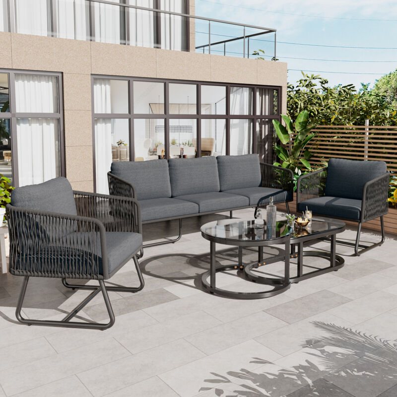 Set Di Mobili Da Giardino Con Struttura In Ferro Zincato, Set Di Mobili Da Giardino In Corda, Corda Grigia, Gambe Regolabili, Piano Tavolo In Vetro Liscio, Set Da 5, Include Tutti I Cuscini Di Seduta