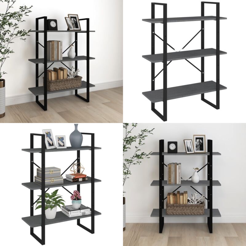 Libreria A 3 Ripiani Grigia 80x30x105 Cm In Massello Di Pino - Libreria Grigia - Libreria A 3 Ripiani