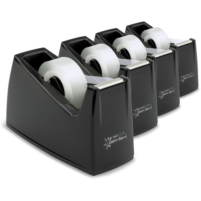 Rapesco 1741 Confezione Business: 4 Dispenser Di Nastro Adesivo 300 Germ-savvy Antibatterico E 4 Rotoli Di Nastro Trasparente