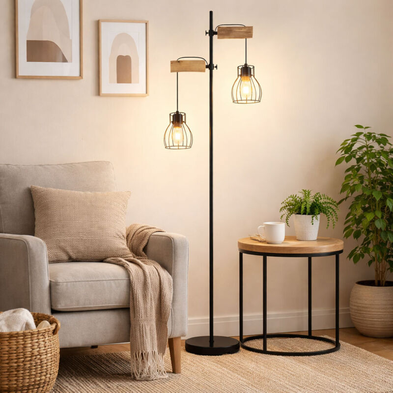 Globo Lighting - Lampada Da Terra Vintage In Legno Con Due Paralumi In Un Design A Gabbia Lampada Da Terra Retrò 2 Fiamme Regolabile In Altezza, Lxpxh 47x25x168cm, Soggiorno Sala Lettura Camera Da Letto