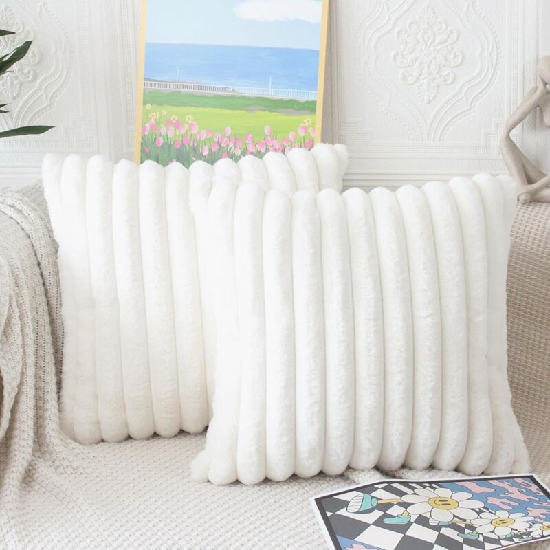 Jalleria - Federa Per Cuscino Bianco Crema, 40 X 40 Cm, Set Da 2, Soffici Fodere Per Cuscini Decorativi In Peluche, Morbida Fodera Per Cuscino In Pelliccia A Righe, Fodere Per Cuscini Di Lusso Per Divano, Soggio