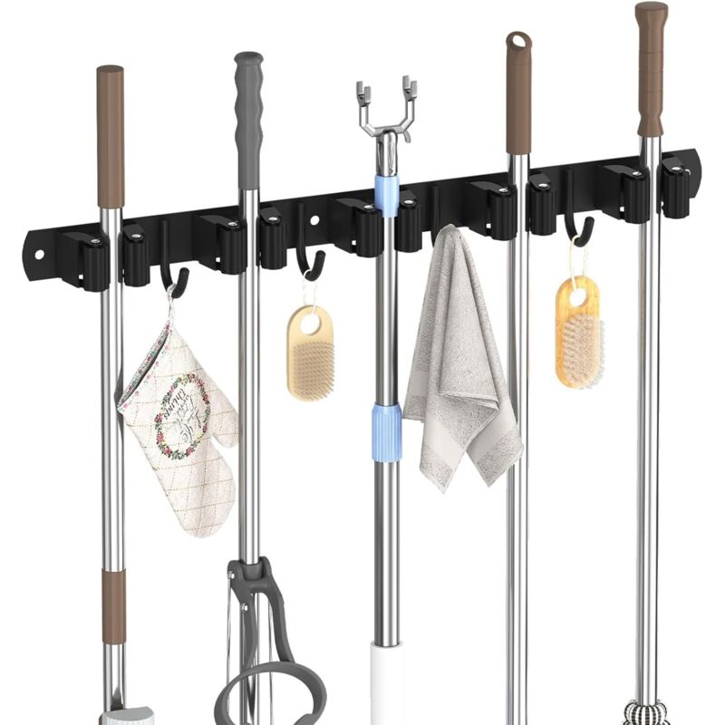 Porta Scope Da Parete, Rastrelliera Per Scope Da Parete Con 5 Supporti E 4 Ganci, Organizer Per Scope Da Parete In Acciaio Inossidabile Per Cucina, Garage, Giardino, Nero