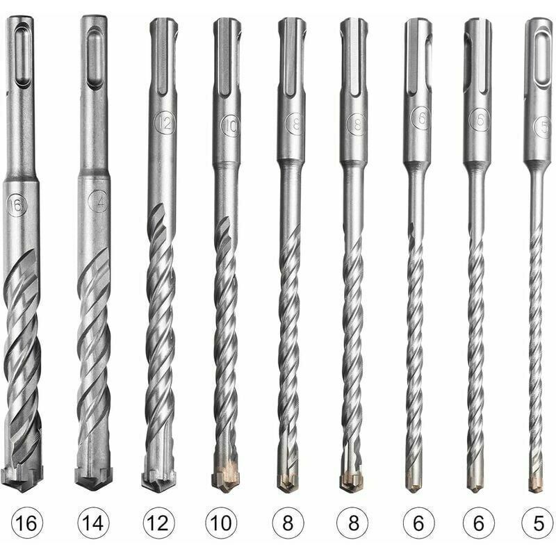 Set Di Punte Da Trapano E Scalpelli Per Trapano A Percussione, Set Di Punte Da Trapano Sds-plus Da 9 Pezzi Per Trapano A Percussione Elettrico Per Forare Pietra, Cemento, Muri Di Mattoni, Piastrelle D
