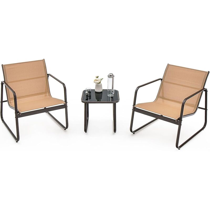 Goplus - Set Da Conversazione A 3 Pezzi, Set Di 2 Sedie In Textilene E Tavolino In Vetro Temperato, Set Da Giardino A 3 Pezzi Con Struttura In Metallo, Per Giardino, Terrazza, Piscina