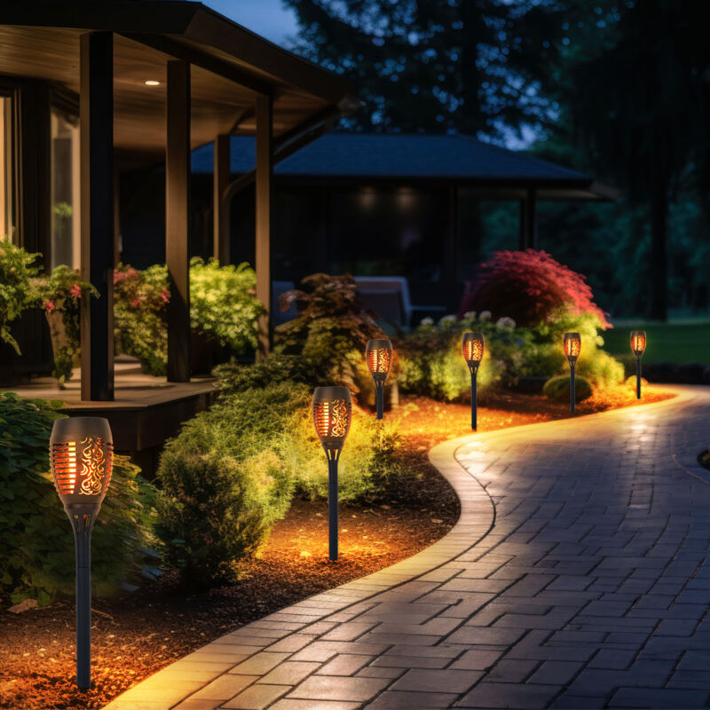 Lampada Solare Effetto Fuoco Torcia Solare Effetto Fiamma Torcia Da Giardino Nera, Plastica, Lampadina Led Arancione, H 50 Cm, Set Da 6