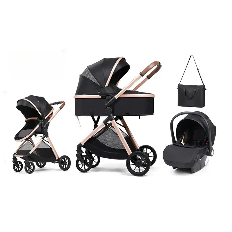 3-in-1-Kinderwagen, hoher Landschaftskinderwagen, ausgestattet mit Autositz, Mama-Tasche, zusammenklappbar mit einem Klick, kann sitzen und liegen Image