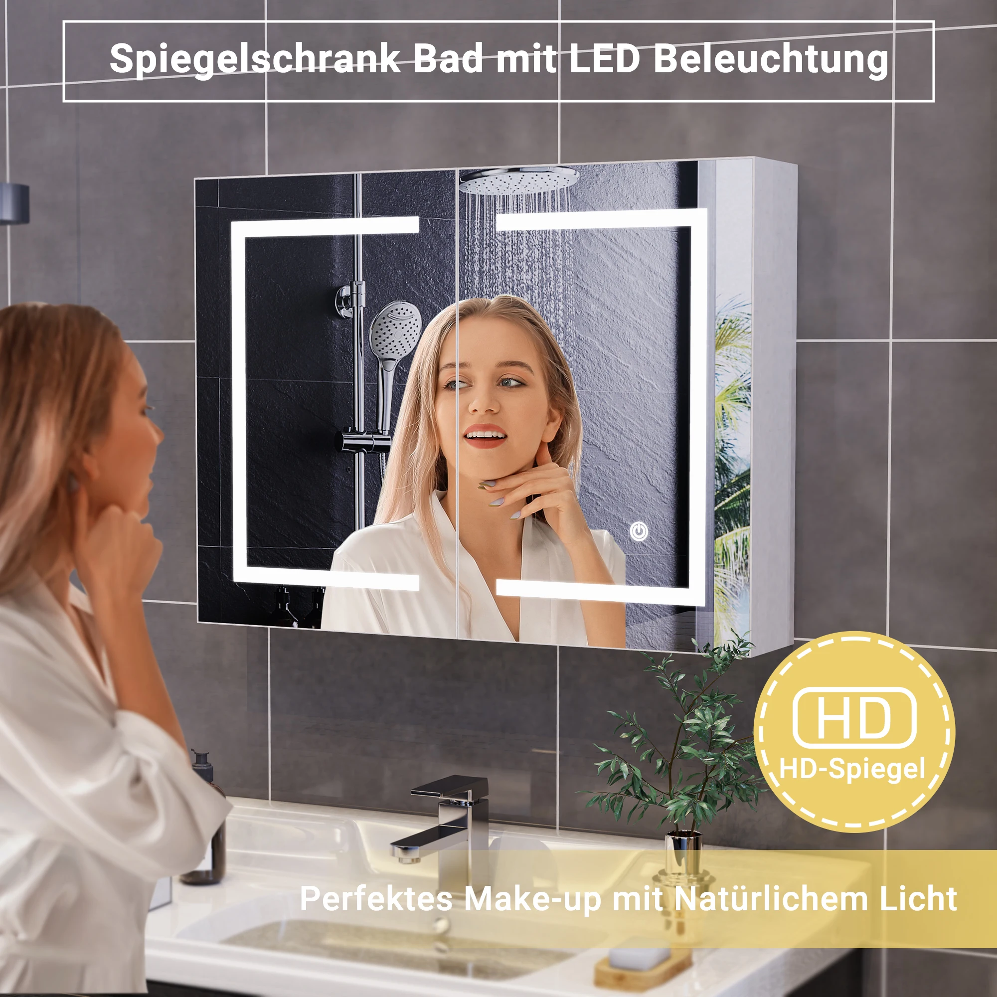 Wandschrank für Badezimmer mit Spiegel und LED, Spiegelschrank mit LED Speicher 3-Farben Modus Spiegelschrank Bad mit LED Badezimmer spiegelschrank mit Ablage,HD-Spiegel Badschrank Badezimmerschrank Badspiegel Image