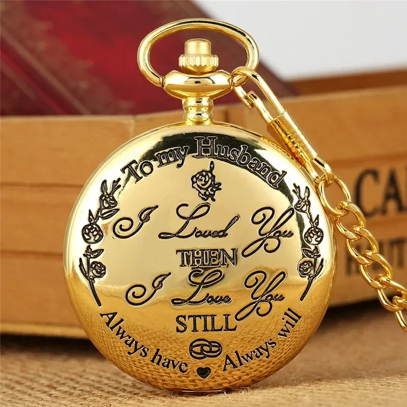 Schwarz/Silber/Gold „To My Husband“ mit gravierten Wörtern, analoge Quarz-Taschenuhr für Herren, Anhänger, Kette, römische Zahlenanzeige, ideales Geschenk Image
