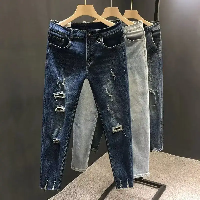 Neue Kpop Luxus Kleidung männer Casual Slim Fit Denim Jeans mit Löchern Frühling Herbst Stretch Cowboy Streetwear Boyfriend-Jeans Image