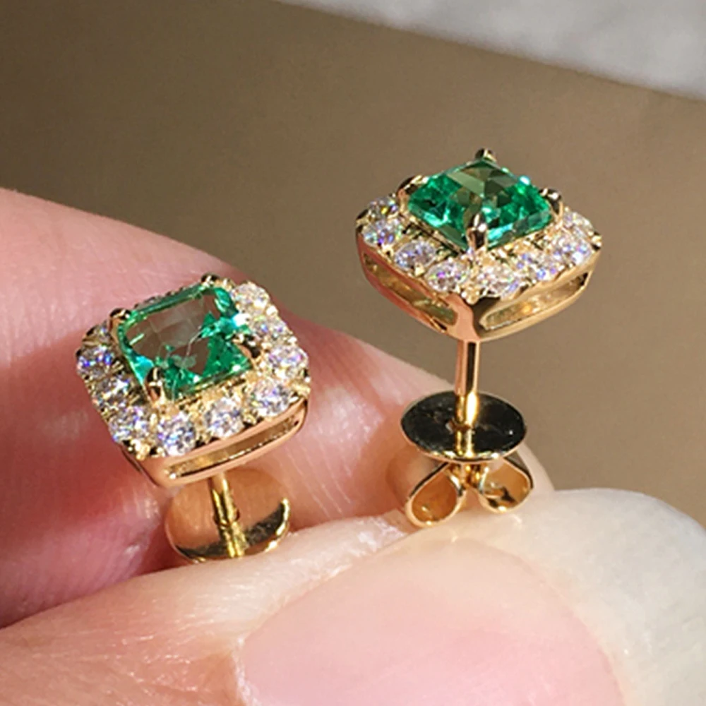 Huitan Eternity Grüne CZ Ohrstecker für Frauen Gold Farbe Luxus Braut Hochzeit Ohrringe Elegante Ohr Zubehör Party Schmuck