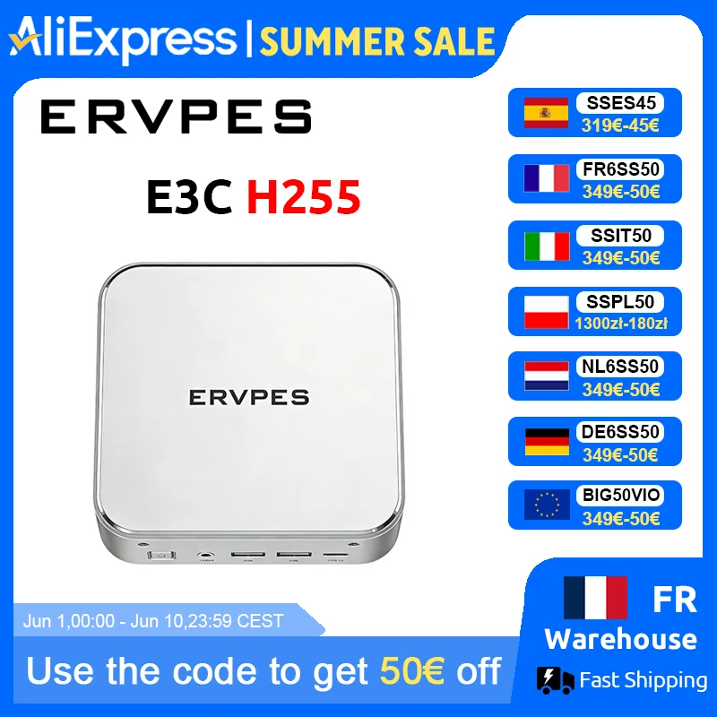ERVPES Mini-PC E3C 16GB DDR5 5600MHz 512GB SSD AMD Ryzen 7 H255 Win11 Wi-Fi 6 BT5.2 Gaming Desktop Mini-Computer