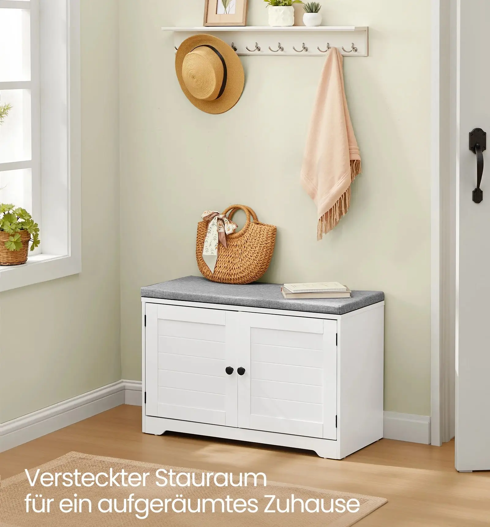 VASAGLE Sitzbank mit Stauraum, 3 Ebenen, Schuhbank mit Sitzkissen, verstellbaren Ablagen, 35,5 x 81 x 52,5 cm, weiß-grau Image