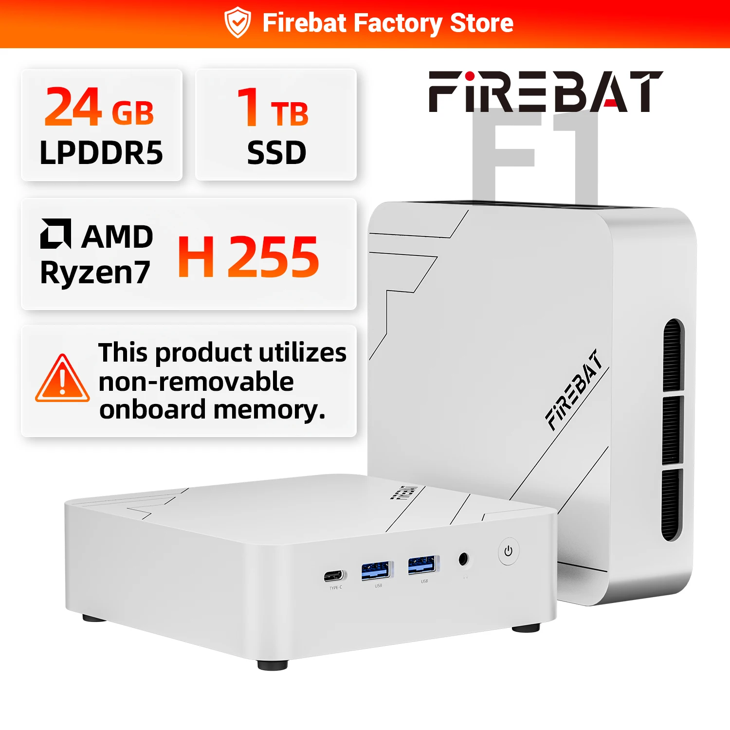 FIREBAT F1 MINI PC AMD Ryzen 7 H255 LPDDR5 16GB RAM 512GB SSD WIFI6 BT5.2 Tragbarer Desktop-MINI-PC Windows 11 Desktop-Computer