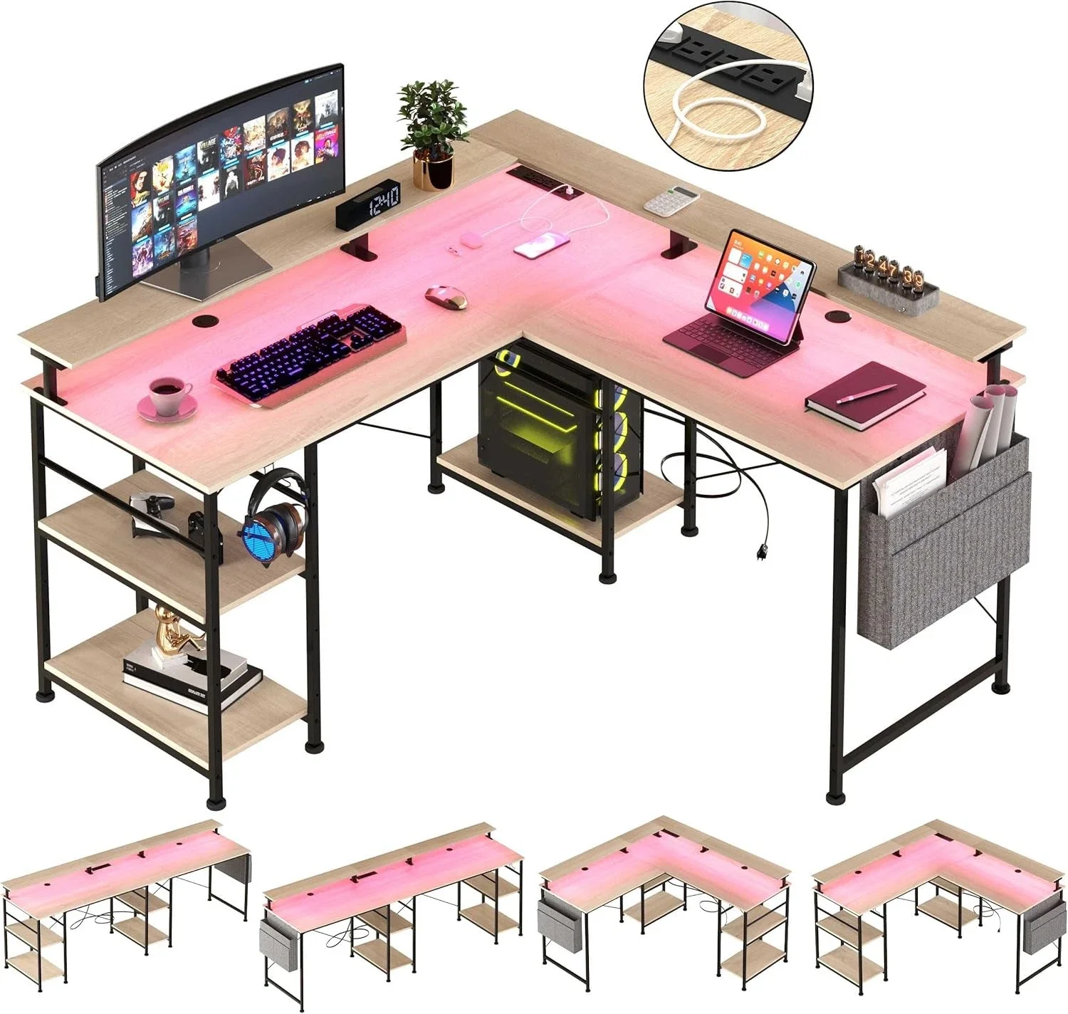 L-förmiger Gaming-Schreibtisch mit RGB-LED-Beleuchtung, Steckdose & USB-Anschlüssen, Umkehrbarer Eck-Computertisch in Beige