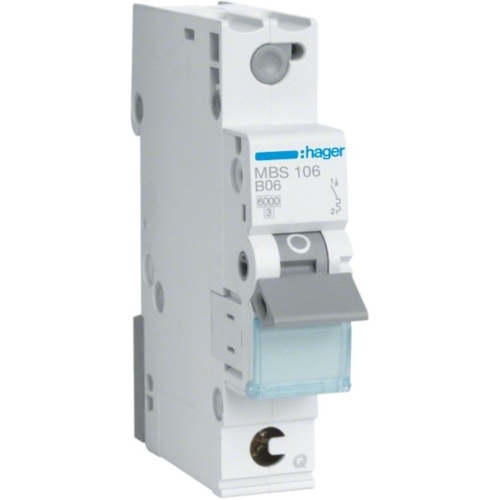 Hager Leitungsschutzschalter, AC, B, 6A, 1p, 415V, 1TE, 50Hz, Zusatzeinrichtungen möglich, IP2X, MBS106 Image