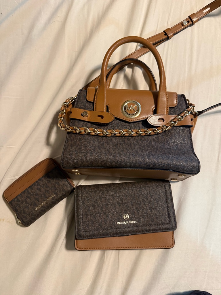 Michael Kors Bags | Gently Used Mk Mini Carmen, Wallet, And Clutch Purse. Near Perfect Condition. | Color: Brown/Tan | Size: Os