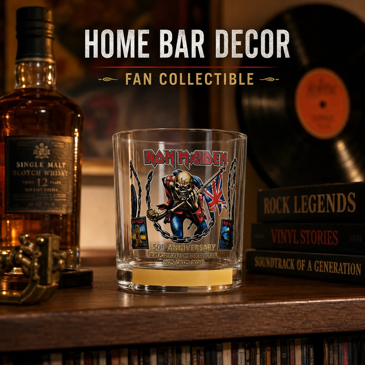 Iron Maiden 50. Jubiläum Run For Your Lives Welttournee Whiskyglas, Eddie-Figur Graviertes Kristall-Rocksglas Image