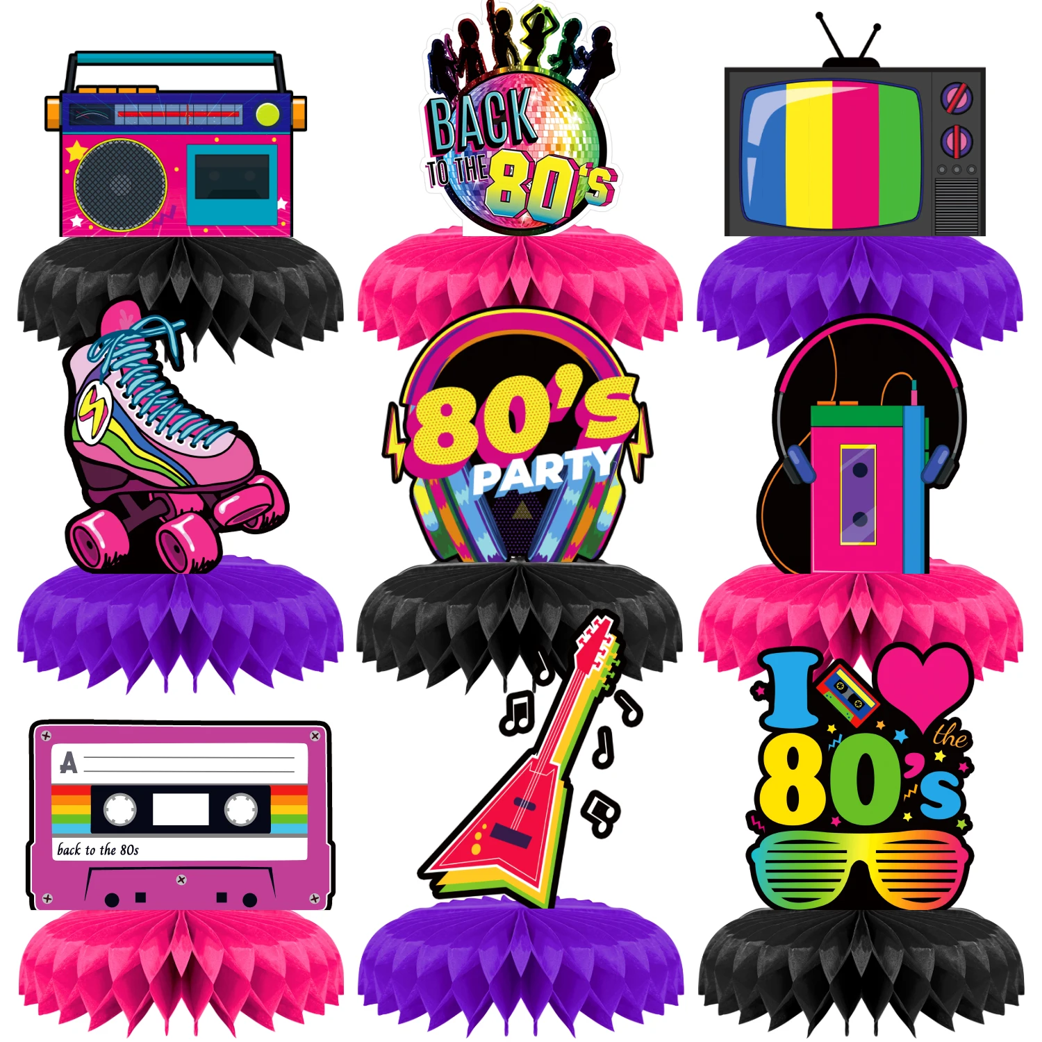 9-teiliges Neon-Nacht-Disco Waben-Tischdekoration Set für 80er Hip-Hop Geburtstagsfeier Dekorationen Tischaufsätze Nostalgische Party-Artikel Image