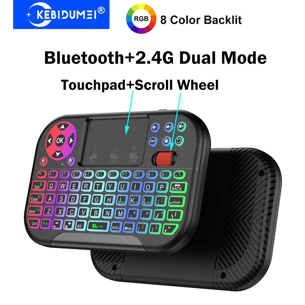 KEBIDUMEI Mini Kabellose Tastatur mit Scrollrad Touchpad 8-Farben Hintergrundbeleuchtung BT 2.4G Dual-Modus Air Mouse Fernbedienung für PC TV Box Image