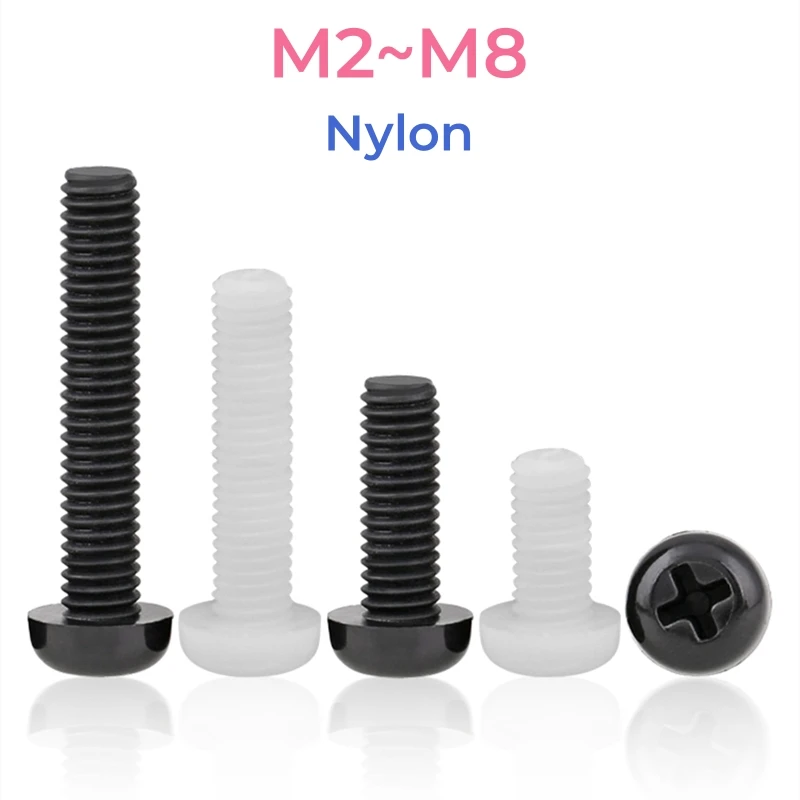 Schwarz Weiß PA66 Nylon Kreuzschlitz-Flachkopfschrauben M2 M2,5 M3 M4 M5 M6 M8 Metrisches Gewinde Kunststoffisolierung Kreuzrundkopfschrauben Image