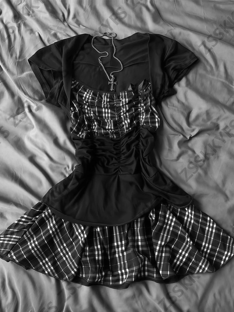 Gothic Karierte Kleider Chic Punk Girl Grunge Y2K Sweet Lolita Partykleider 2000er Jahre Damen Harajuku Rock Sommerkleidung Faltbar Vintage