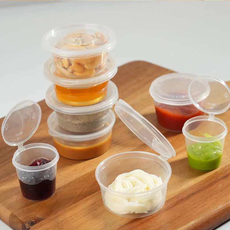 50/100 stücke 25/45/50 ml Einweg Kunststoff Kleine Box Für Sauce Mini Tassen Mit Deckel Auslaufsichere kleine Box Für Sauce Container