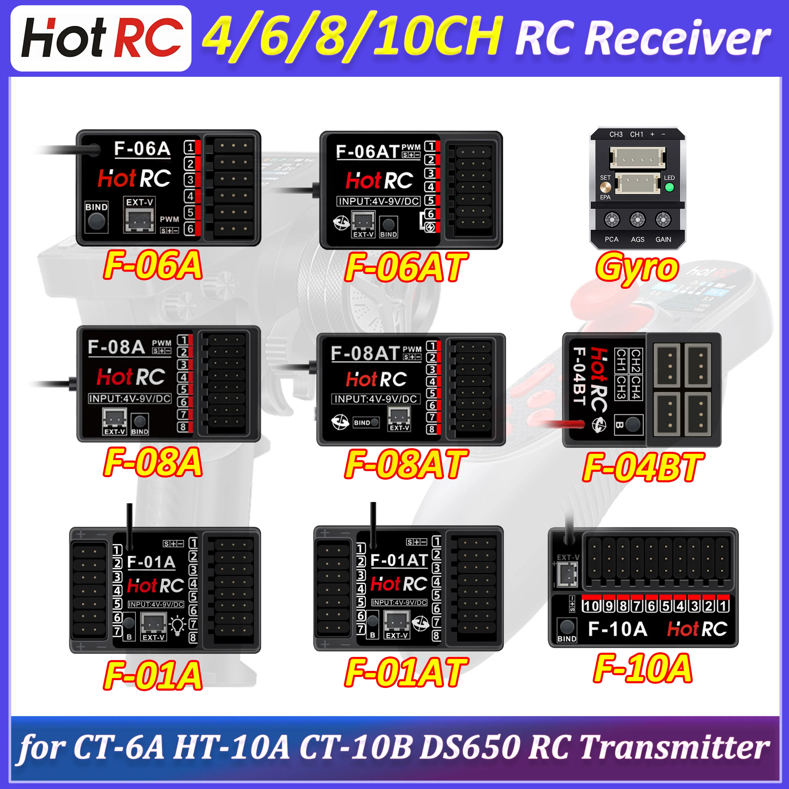 Hotrc 4/6/8/10-Kanal 2,4GHz RC-Empfänger F-06AT F-08AT F-01AT F-10A RX F11 Gyro für CT-6A CT-10B HT-10A DS650 RC-Funksender Image