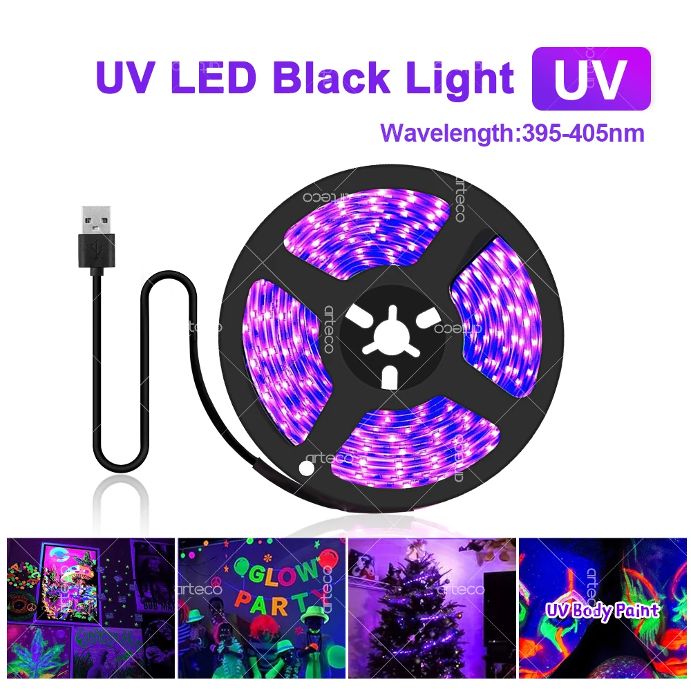 UV-LED-Lichtleiste, flexibles LED-Lichtband, ultraviolette UV-Lampe, 395–405 nm, schwarzes Licht, 2835 SMD DC 5 V, LED-Band für Glow-Partys