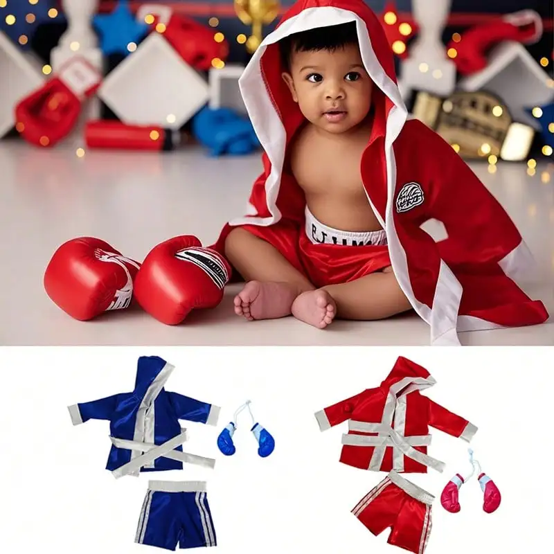 Neugeborenen Fotografie Outfit Baby Boxen Robe Set Handschuhe Shorts Requisiten Champion Kostüm Image