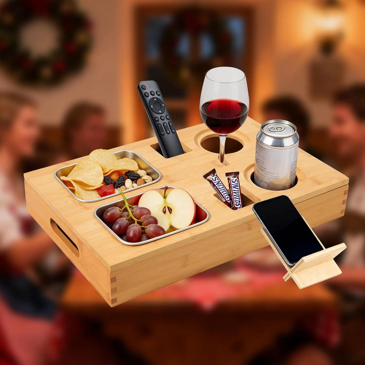 Couchbar aus Bambus Snackbox Sofa Organizer mit Getränkehalter Handyhalter Snackschalen Sofatablett Couch Butler für Sofa Bett C