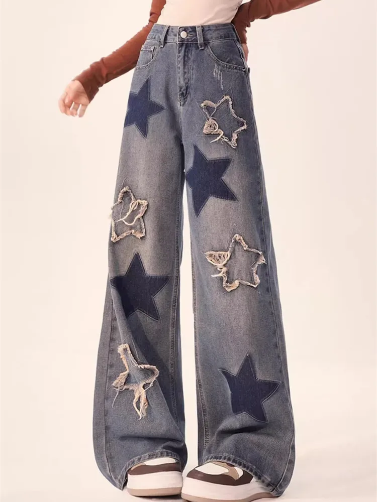 2023 koreanische y2k Mode Star Stickerei Baggy gestapelte Jeans Hosen für Frauen Kleidung hohe Taille gerade Vintage Lady Hose