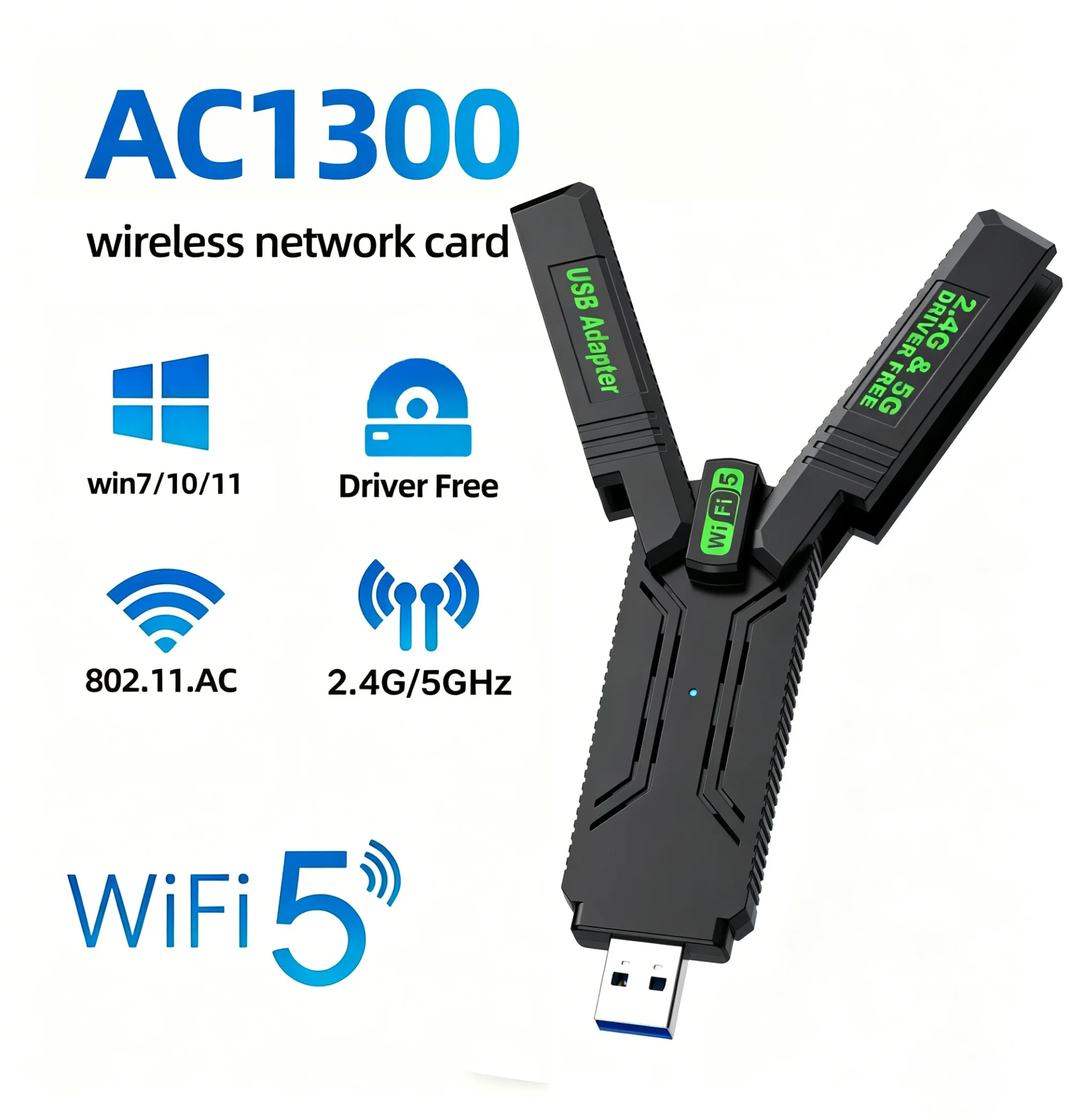 WiFi 5 Wireless-Netzwerkkarte 1300M Dual Band 2,4G & 5GHz USB 3.0 High-Speed-WLAN-Adapter ohne Treiber für Desktop-Laptop Image