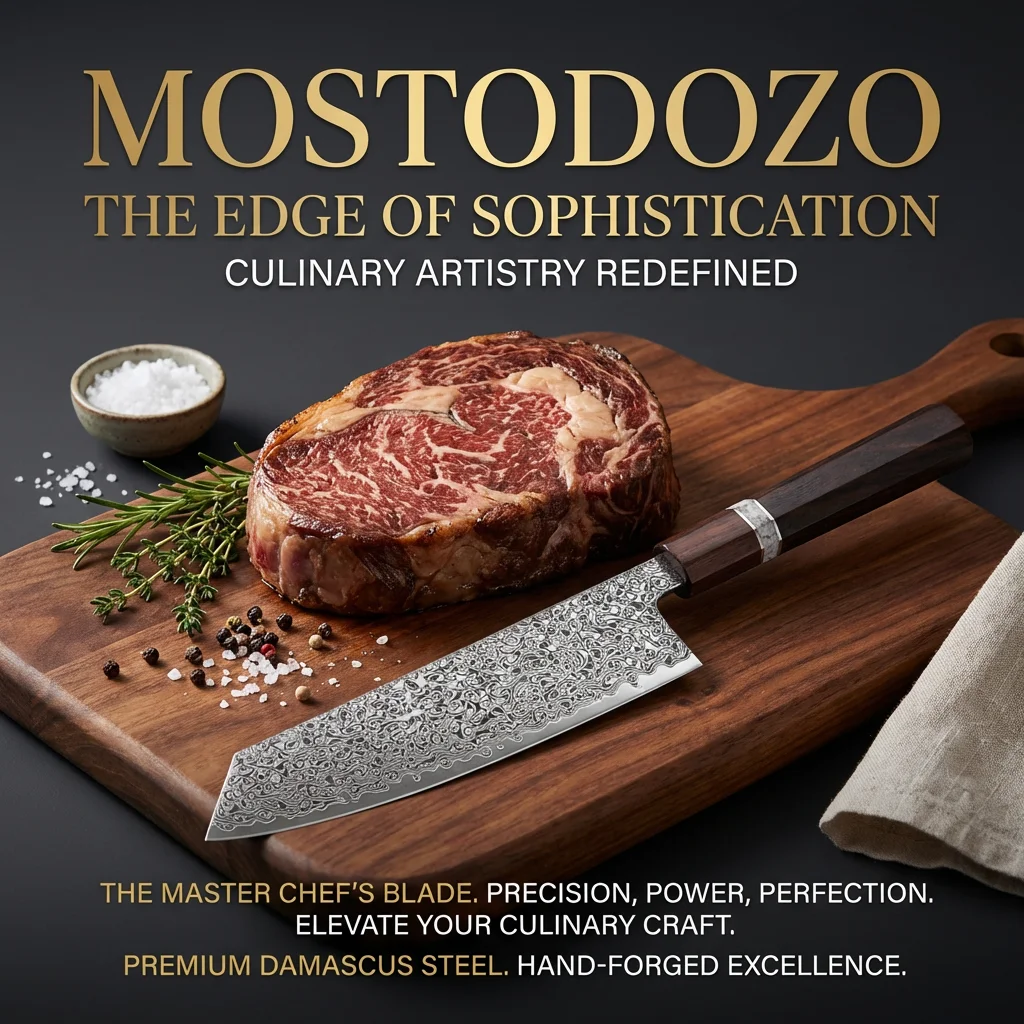 Coltello da Chef Giapponese Kiritsuke MOSTODOZO da 7 Pollici in Acciaio Damascato, Coltello Professionale Fatto a Mano per Cucina, Affettatrice per Carne e Verdure