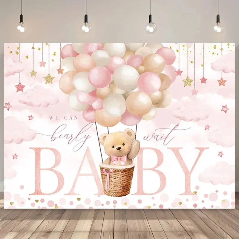 1-teiliger, skurriler Hintergrund mit rosa Wolke und Heißluftballonbär, perfekt für Geburtstagsfeiern, keine Strom erforderlich Image