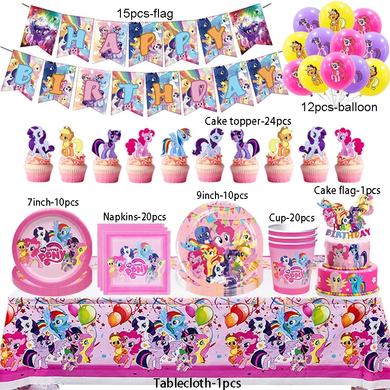 My Little Pony Geburtstagsparty-Dekoration, Einweggeschirr-Set für Mädchen, Gastgeschenke, rosa Pony-Teller, Tassen, Kuchendeckel, Babyparty