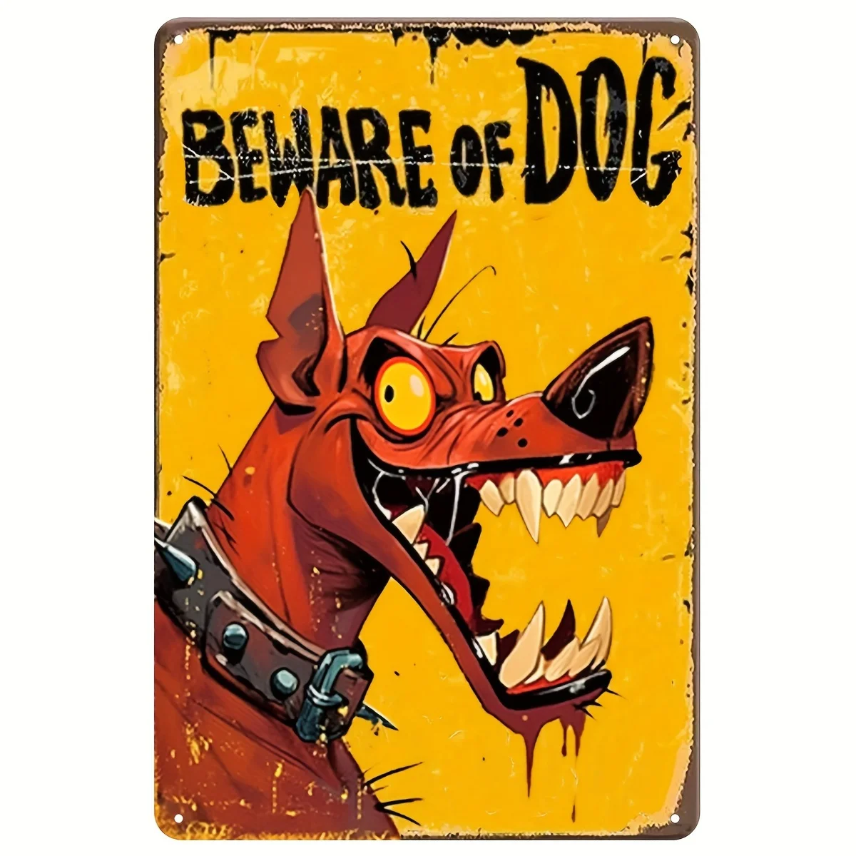Vintage-Metallschild „Beware of Dog“ – Cartoonartiger roter Hund, gelbes Hintergrundbild, schwarze Ketten, rustikale Wandkunst, robustes Eisen, 20,32 x 30,48 cm Image