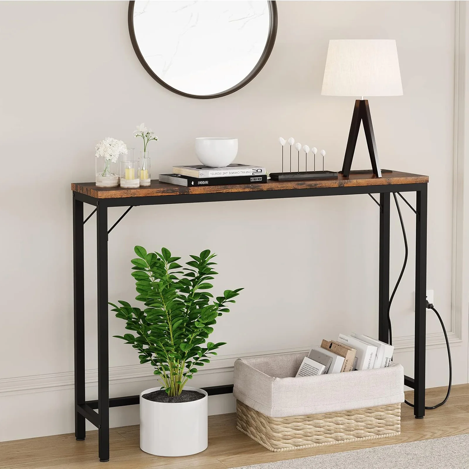 100 cm schmaler Konsolentisch mit Ladestation, USB-Anschlüssen, industrieller Sofa-Beistelltisch für den Eingangsbereich, Flurtisch, Metallrahmen, Wohnzimmer