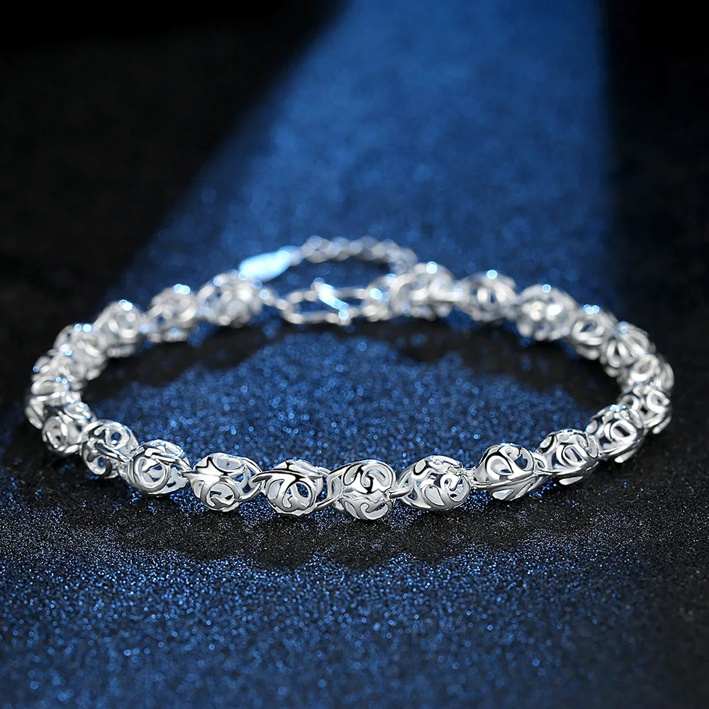 Feines, hübsches, hohles Kugelkettenarmband aus 925er Sterlingsilber für Damen, modisch, für Hochzeit, Party, Paar, Geschenke, Schmuck Image